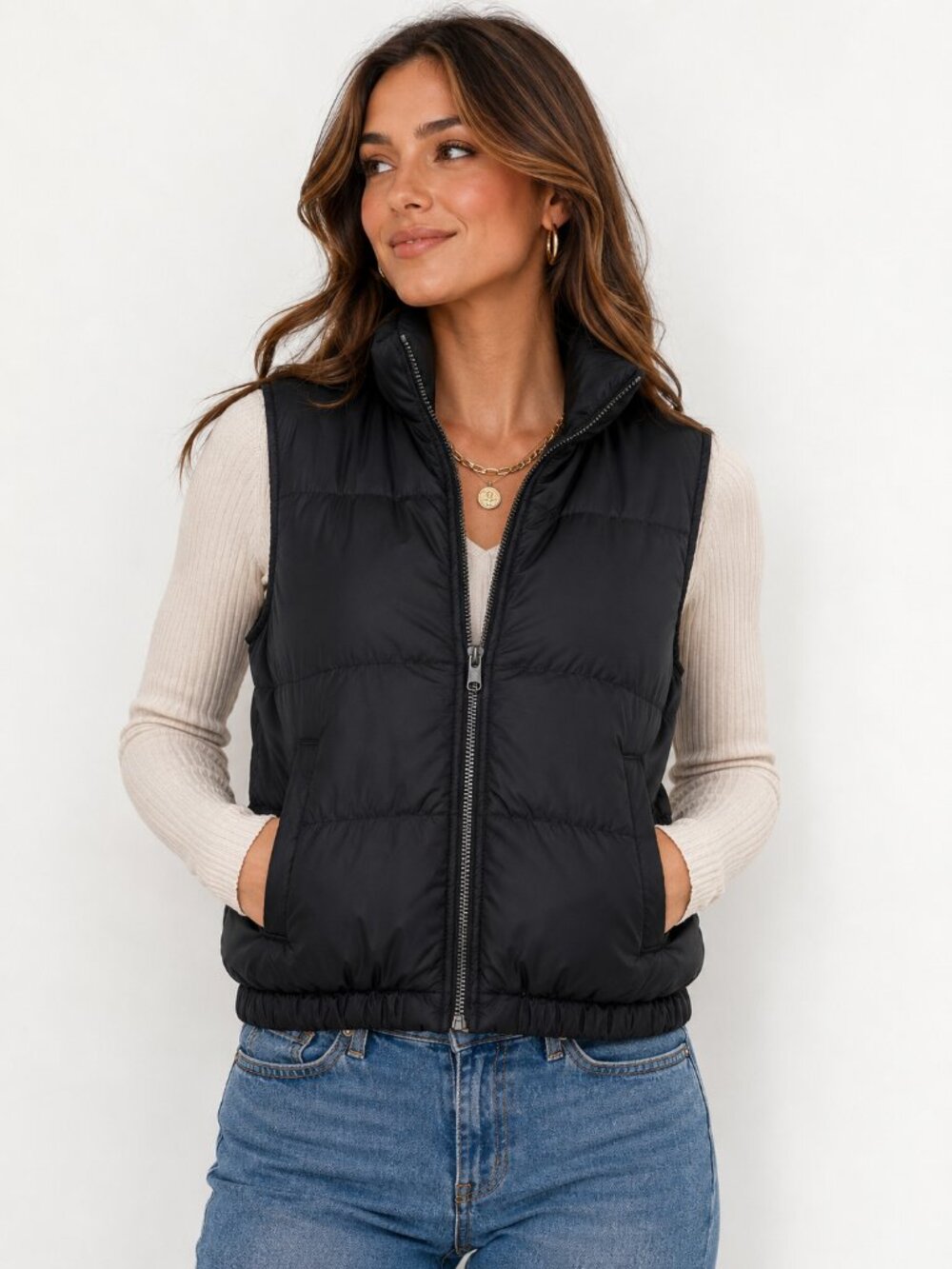 Just Be Black Puffer Vest Women’s Small Zip Front Quilted Layering Vest